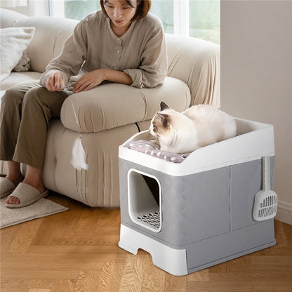 Foldable Cat Litter Box Large Pet Toilet+Cat Sand Shovel Easy Clean Leak-Proof Enclosed