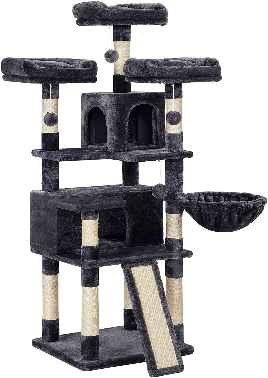 Cat Tree, Large Cat Tower, Cat Condo with Scratching Posts, Board, 2 Caves, 3 Plush Perches, Activity Center, 66.5 Inches, Smoky Gray UPCT019G01