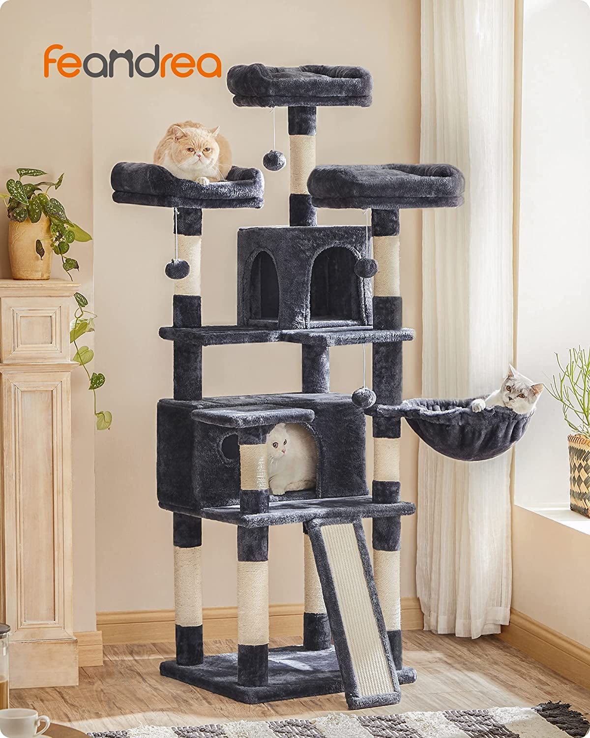 Cat Tree, Large Cat Tower, Cat Condo with Scratching Posts, Board, 2 Caves, 3 Plush Perches, Activity Center, 66.5 Inches, Smoky Gray UPCT019G01