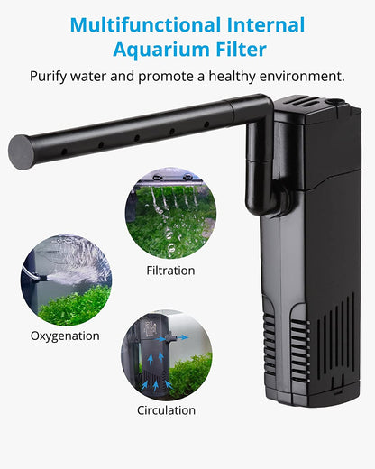 Aquarium Internal Filter, Submersible Power Filter with Multiple Function, Aeration System with Sponge Filter for Fish Tanks 10-20 Gallon, 100 GPH, 7W