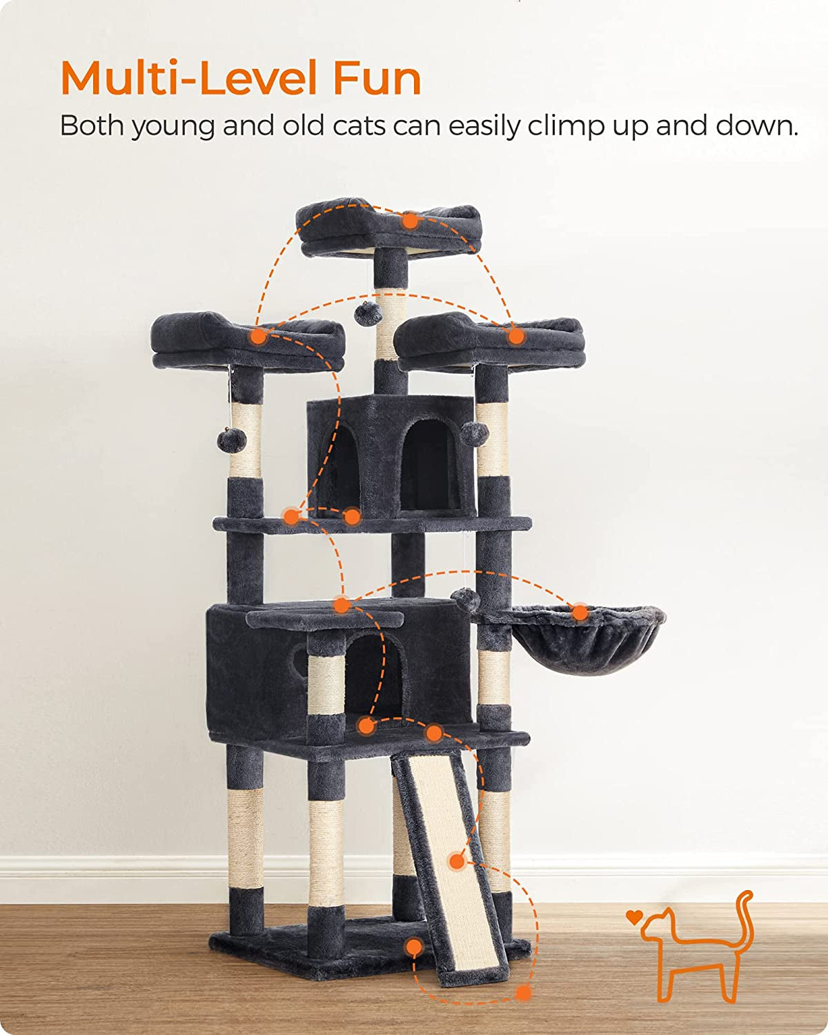 Cat Tree, Large Cat Tower, Cat Condo with Scratching Posts, Board, 2 Caves, 3 Plush Perches, Activity Center, 66.5 Inches, Smoky Gray UPCT019G01