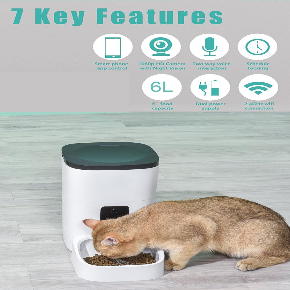 Pet Feeder,6L Automatic Pet Feeder for Cats and Dogs,1080P Camera,App Control,Voice Recorder,Timed Feeder for Schedule Feeding, Dual Power Supply,Wifi Pet Food Dispenser with App Control