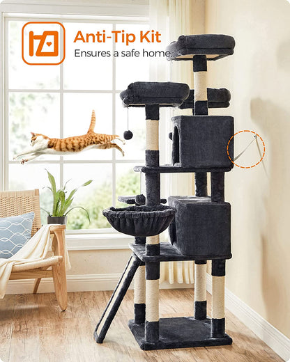 Cat Tree, Large Cat Tower, Cat Condo with Scratching Posts, Board, 2 Caves, 3 Plush Perches, Activity Center, 66.5 Inches, Smoky Gray UPCT019G01